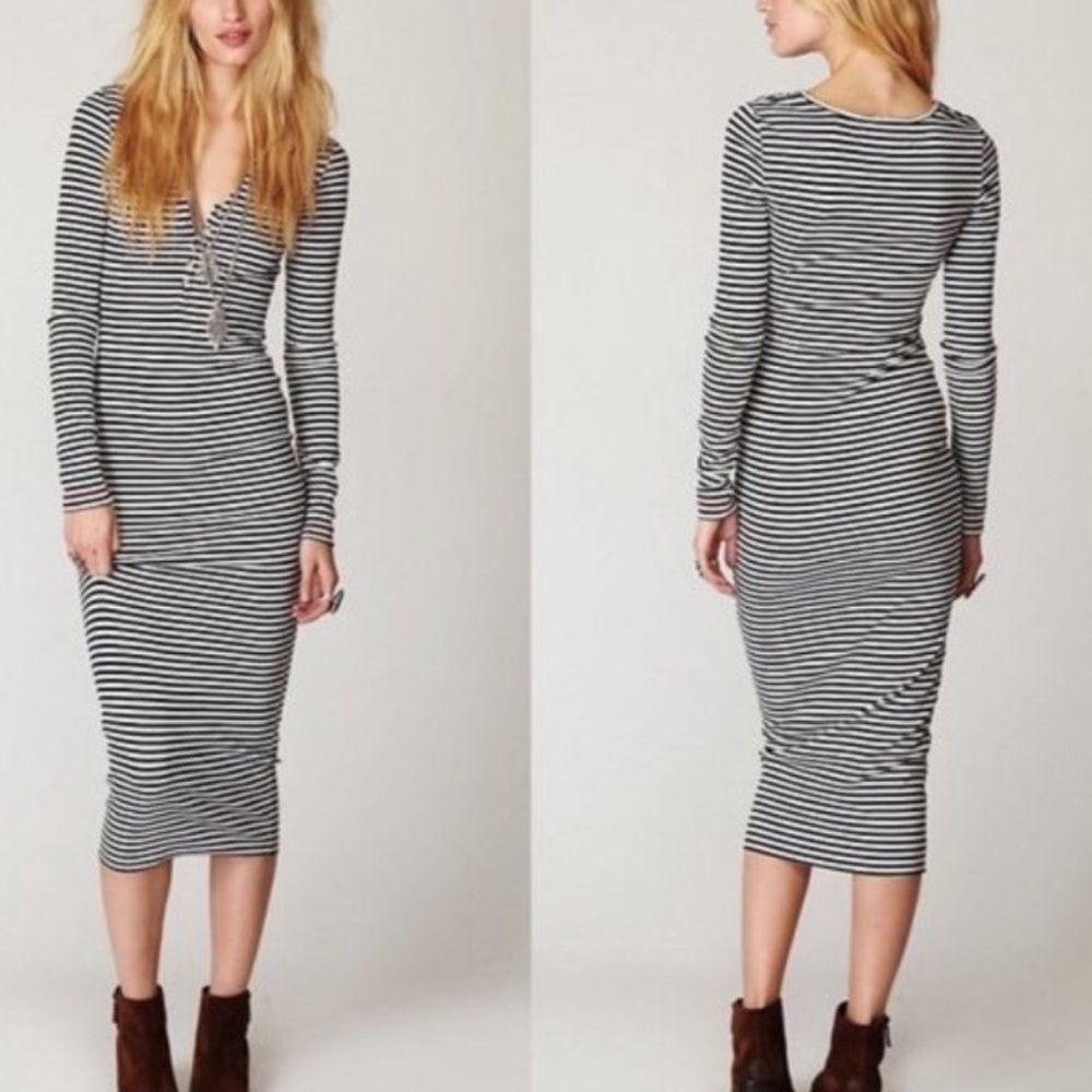 Free People Beach Henley Black White Stripped Fitted MIDI Long Sleeve Dress